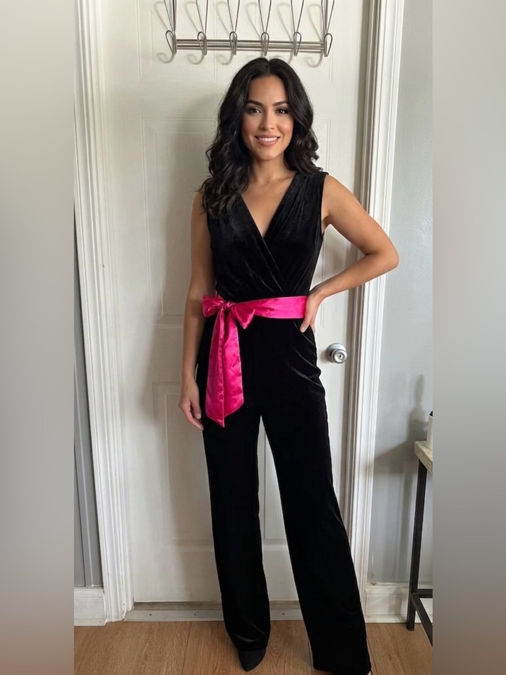 Ian Magram Vintage Black Velvet V-Neck Jumpsuit Pink Satin Sash Belt Size L